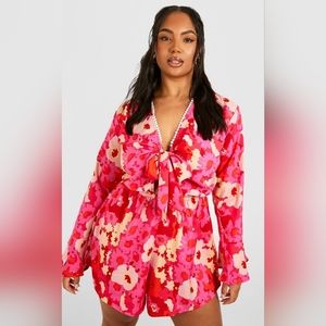 Boohoo Plus Size Woven Floral Tie Front Romper